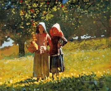  filles Tableaux - Apple cueillette aka deux filles dans les sunbonnets ou dans le verger Winslow Homer aquarelle